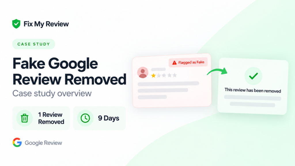 Google review removal case study illustration showing a suspicious 1-star review for a local home service business.
