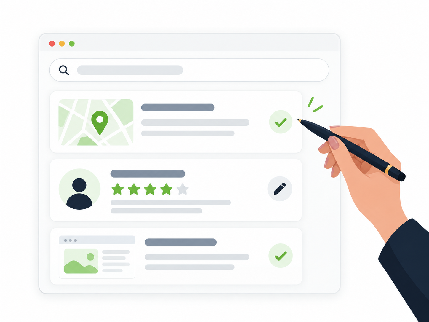 Illustration of search results showing a business profile, star rating and customer reviews