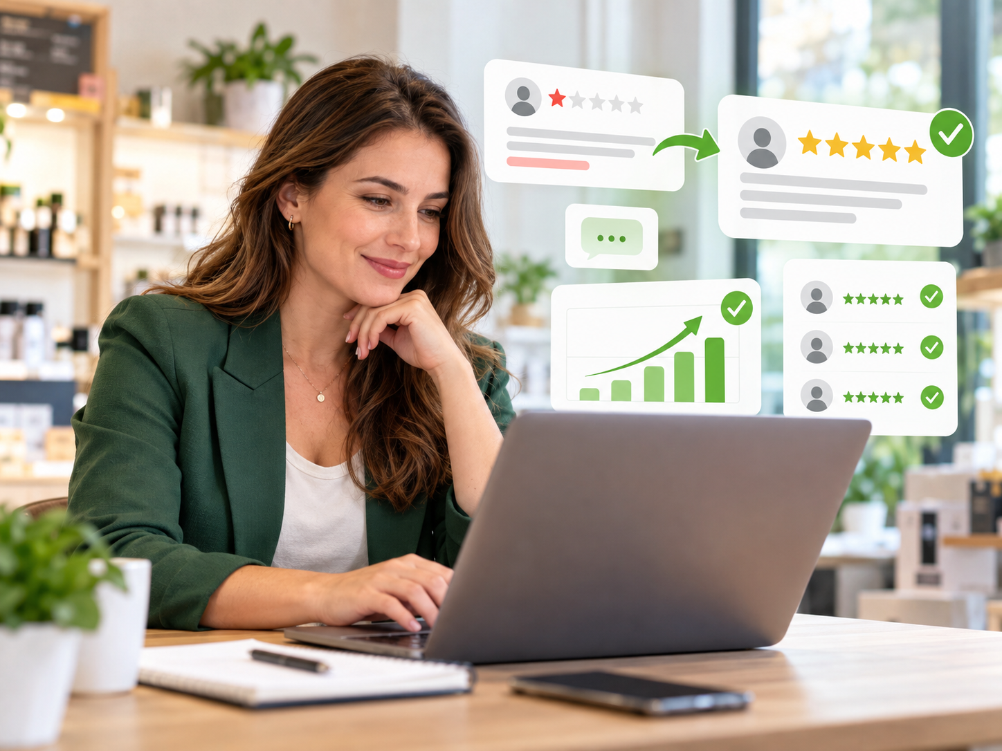 Bright workspace with positive Google reviews on screen, showing healthy business reputation management