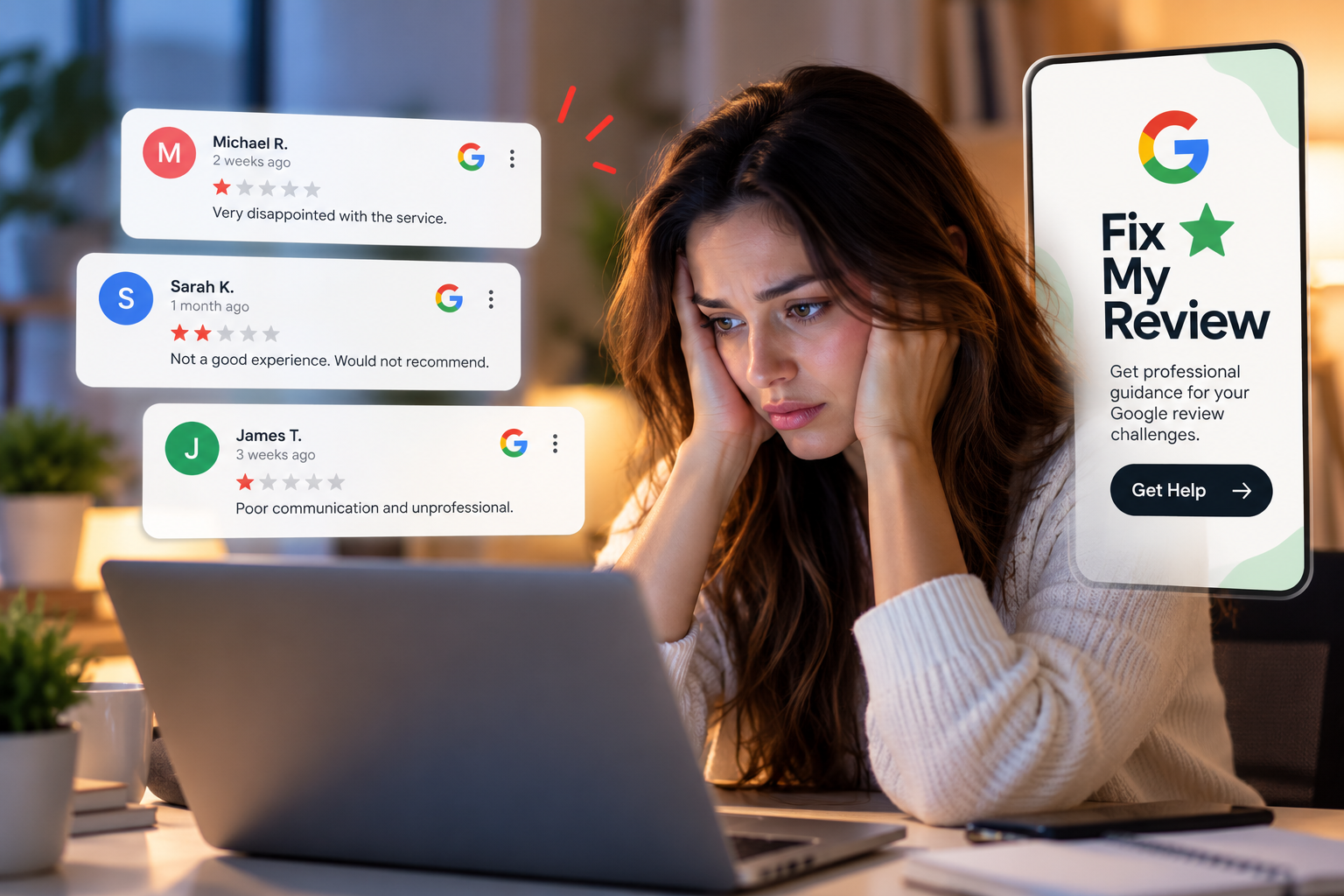 Business owner looking worried while reading a Google review on her laptop